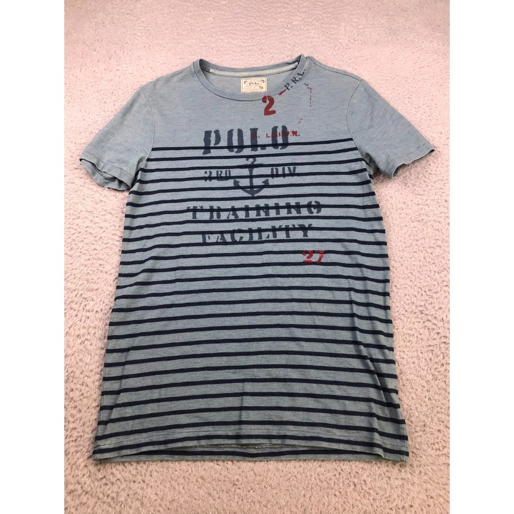 Polo Ralph Lauren Shirt Mens M Blue Striped Nautical Graphic Crew Short Sleeve